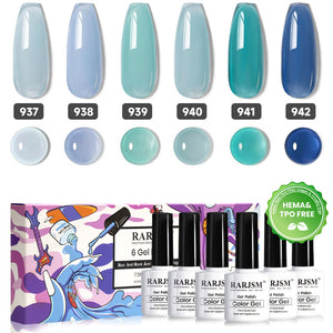 RARJSM 6-piece sea blue amber jelly gel polish set with HEMA TPO free certification badge, 7.5ml professional bottles

