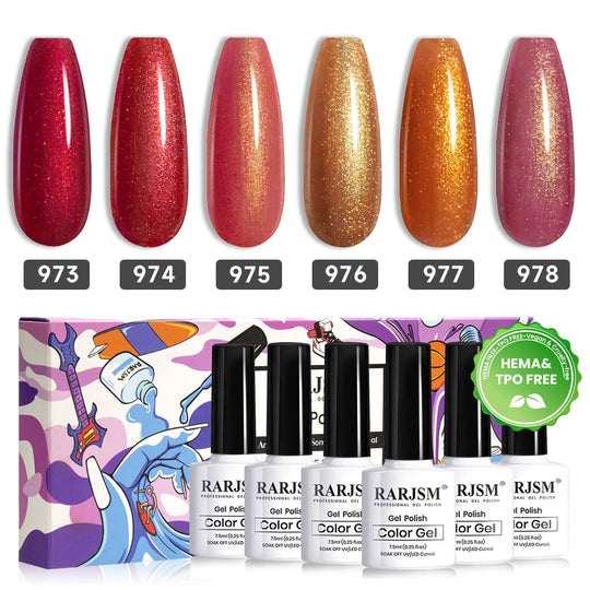 Colorful fallen leaves nude gold glitter gel polish 6 bottles with HEMA TPO free certification and rock music theme packaging for autumn
