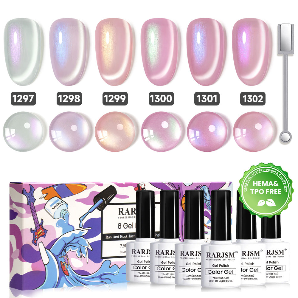 Pearl glaze harmony cat eye gel polish set 6 pearly sheer opal colors RARJSM HEMA TPO free vegan

