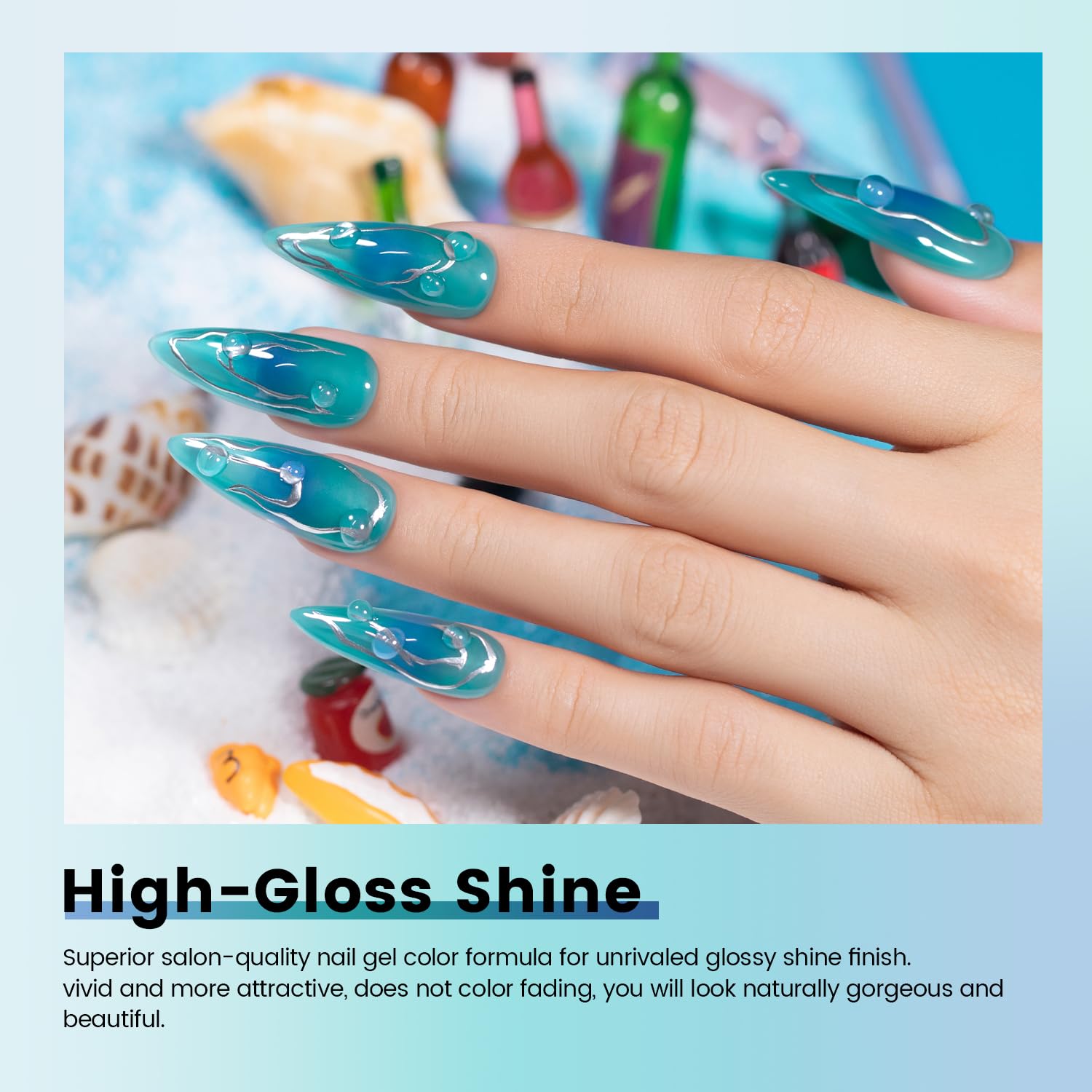 High-gloss shine finish of sea blue jelly gel polish on long stiletto nails showing ultra-glossy translucent effect
