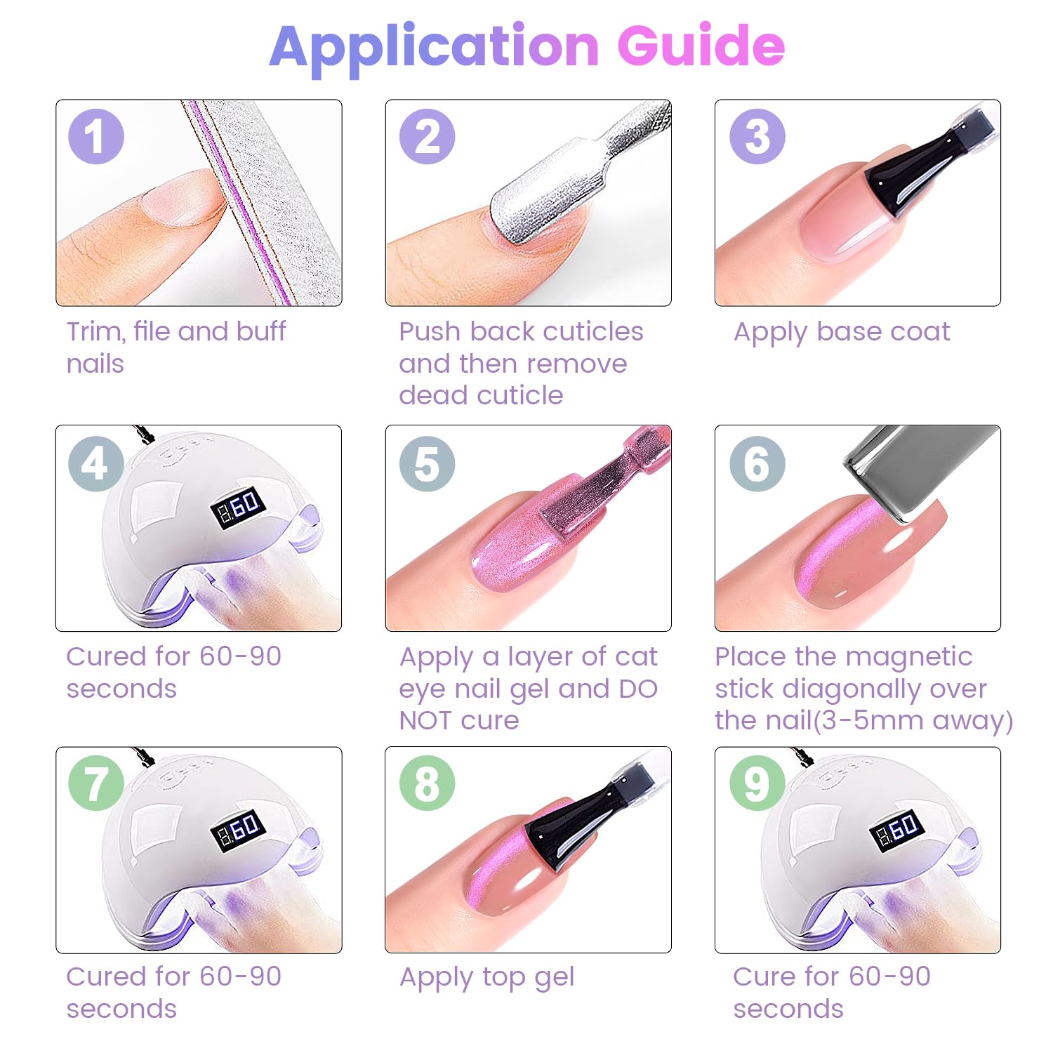 Easy application guide for aurora cat eye gel polish showing 4-step process with 2-3 weeks long-lasting wear
