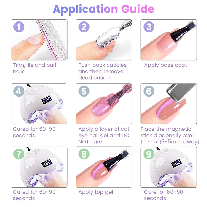 Easy application guide for aurora cat eye gel polish showing 4-step process with 2-3 weeks long-lasting wear
