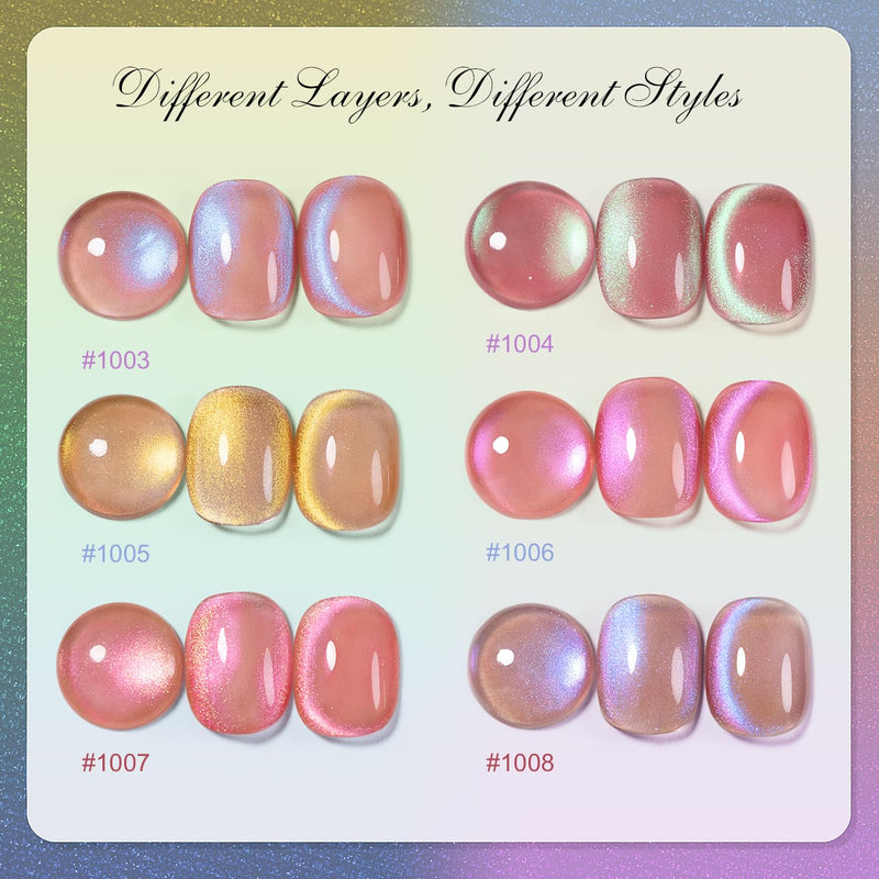 Different layers showing buildable coverage of aurora cat eye gel polish 1003-1008 from sheer to opaque finish
