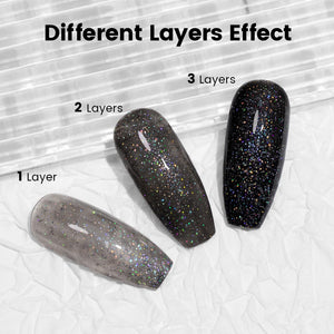 Different layers effect comparison 1 layer 2 layer 3 layer black rainbow holographic glitter buildable opacity on nail tips
