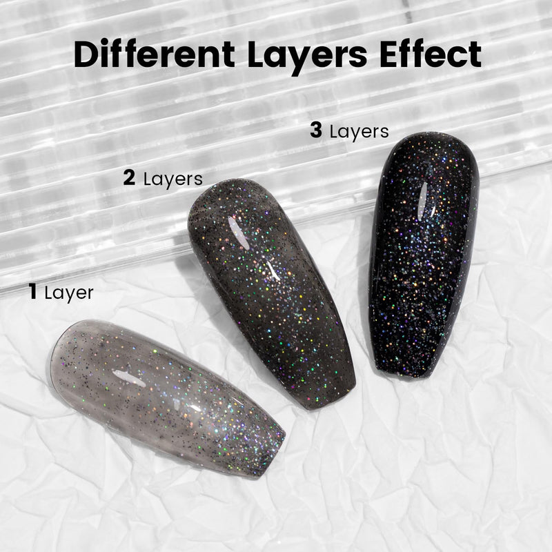 Different layers effect comparison 1 layer 2 layer 3 layer black rainbow holographic glitter buildable opacity on nail tips
