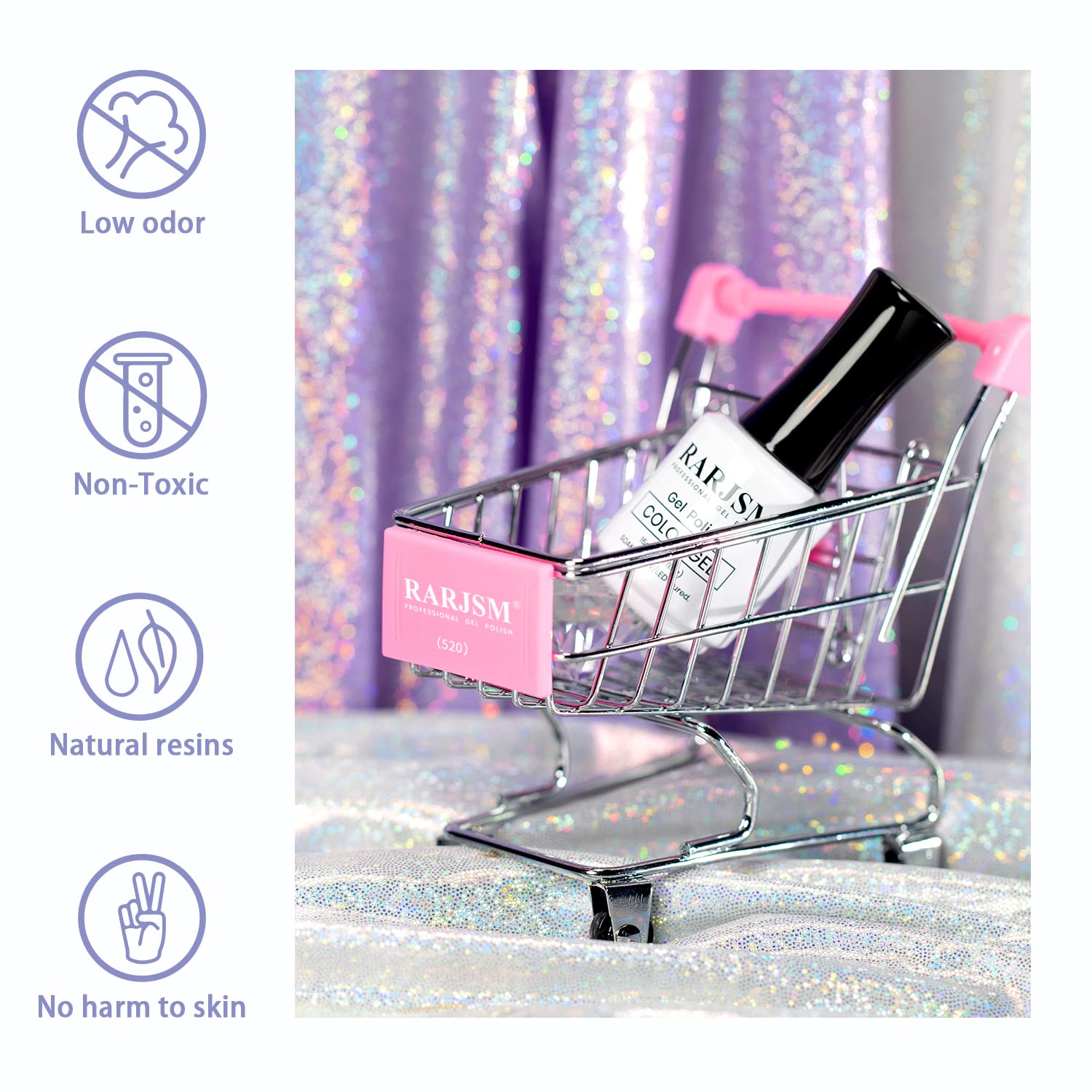 RARJSM gel polish in shopping cart - low odor non-toxic natural resins no harm to skin TPO HEMA free certified
