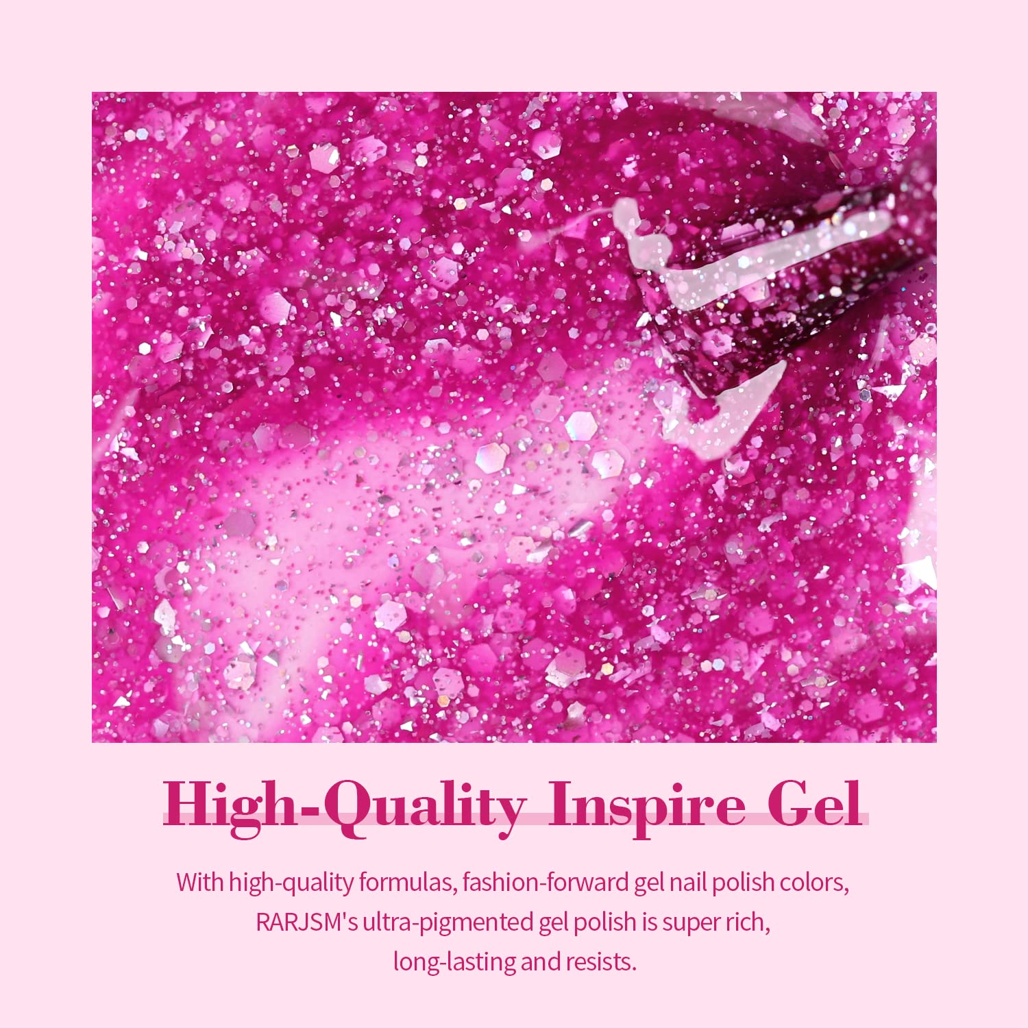Pink glitter gel polish texture with iridescent holographic sparkles high-quality inspire gel
