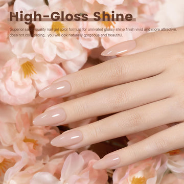 Eggshell Pink soft nude manicure high-gloss shine natural elegant look on almond nails with flowers
