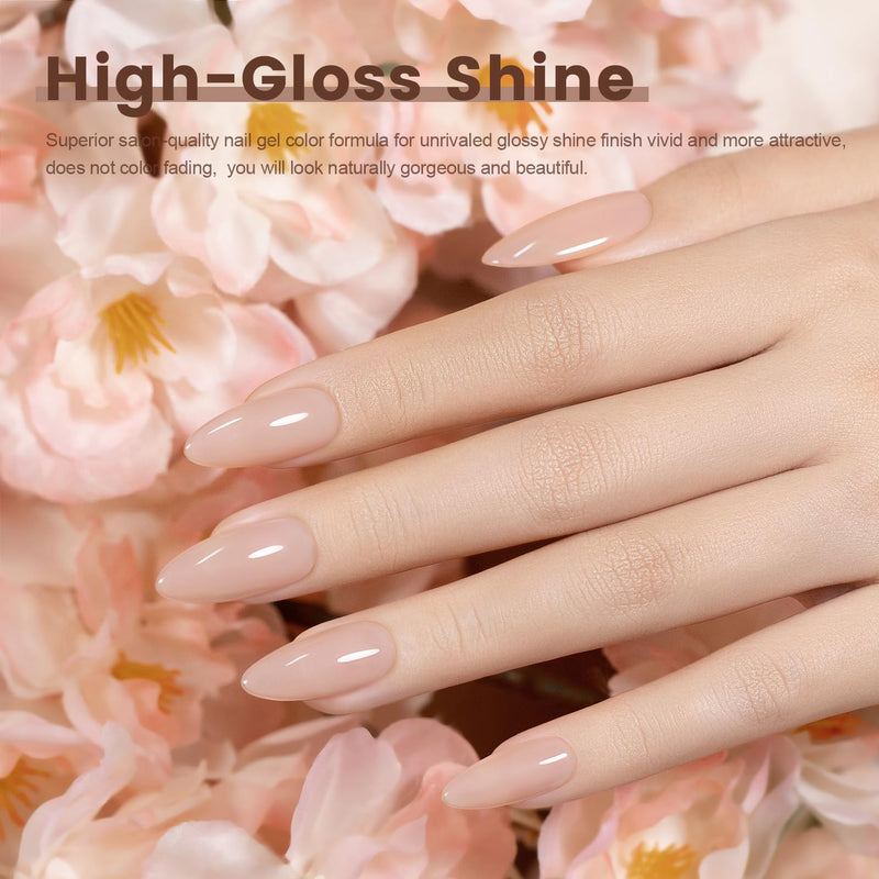 Eggshell Pink soft nude manicure high-gloss shine natural elegant look on almond nails with flowers
