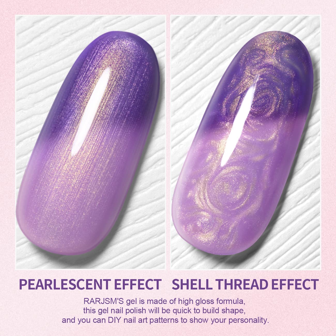 Pearlescent effect shell thread effect comparison thermal gel polish DIY nail art patterns purple lavender
