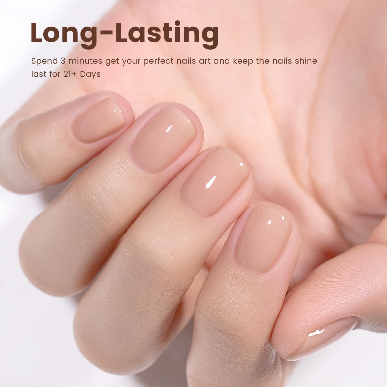 Long-lasting 21 days eggshell pink gel polish manicure close-up natural nude finish on nails
