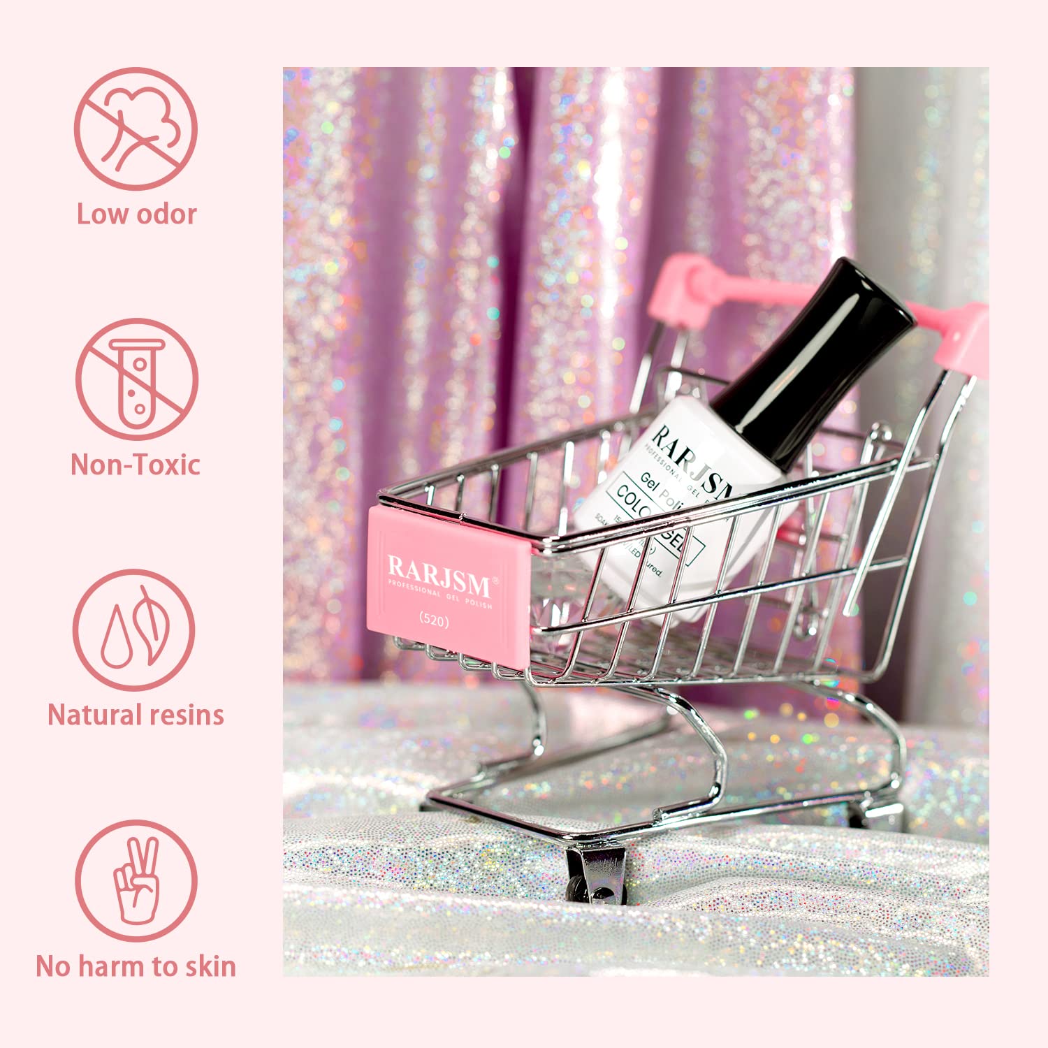 RARJSM gel polish in shopping cart - low odor non-toxic natural resins no harm to skin TPO HEMA free certified
