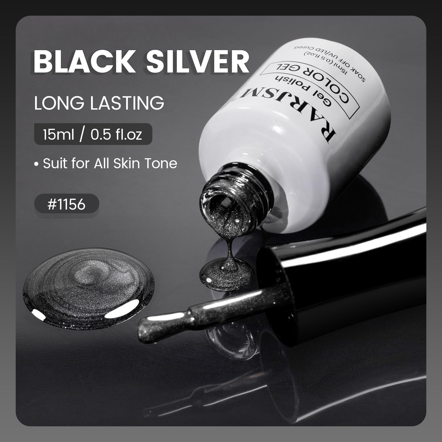Black silver ceramic gel polish 15ml 0.5 fl.oz RARJSM HEMA TPO free long-lasting formula
