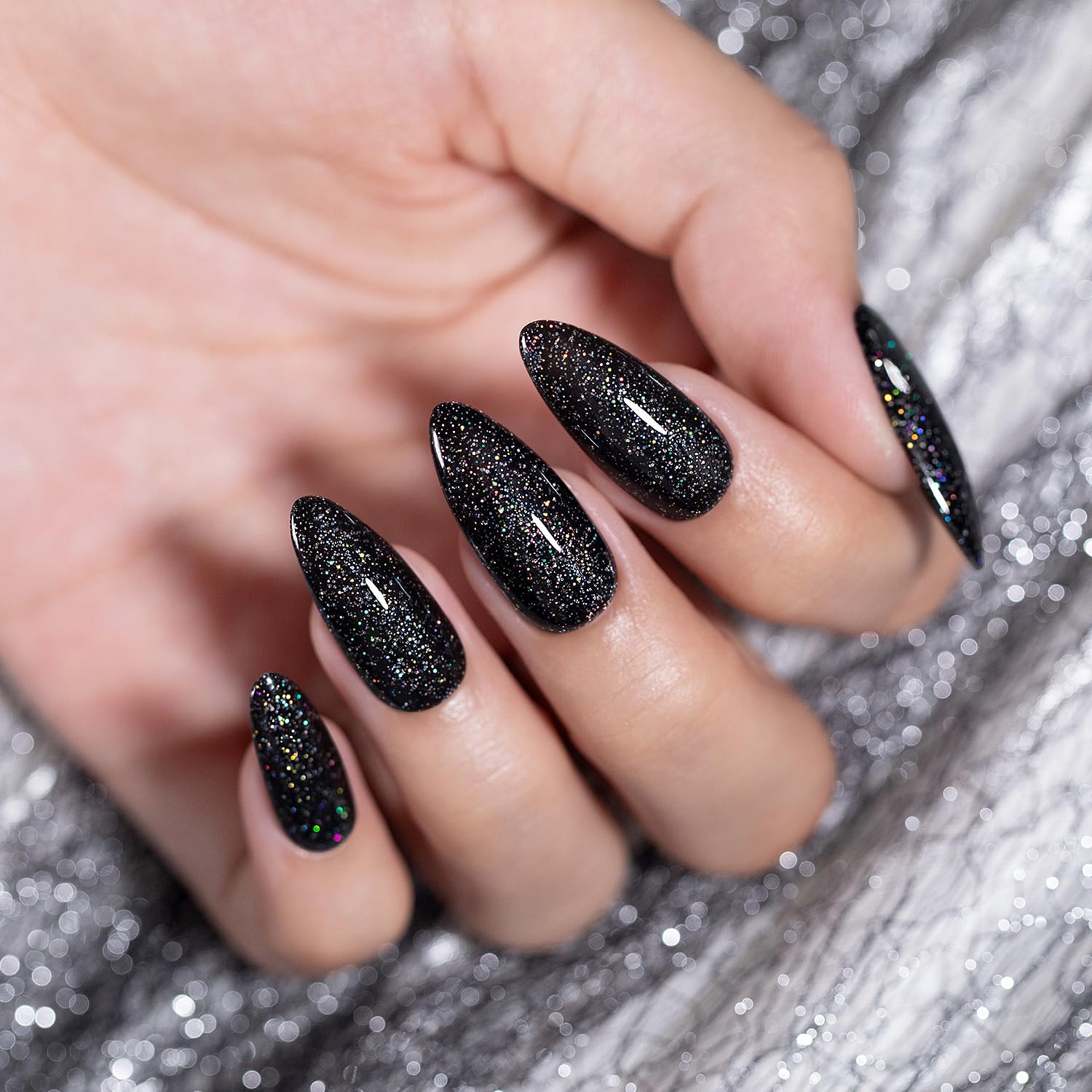 Galactic Spark black rainbow holographic glitter manicure long almond nails ultra-dense sparkles on nails
