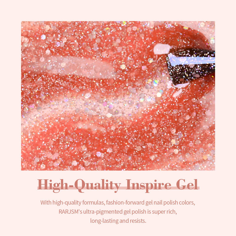Peachy coral glitter gel polish texture with iridescent holographic sparkles high-quality inspire gel
