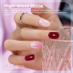 High-gloss shine rose garden jelly gel polish on coffin nails showing ultra-glossy translucent finish in pink and wine red
