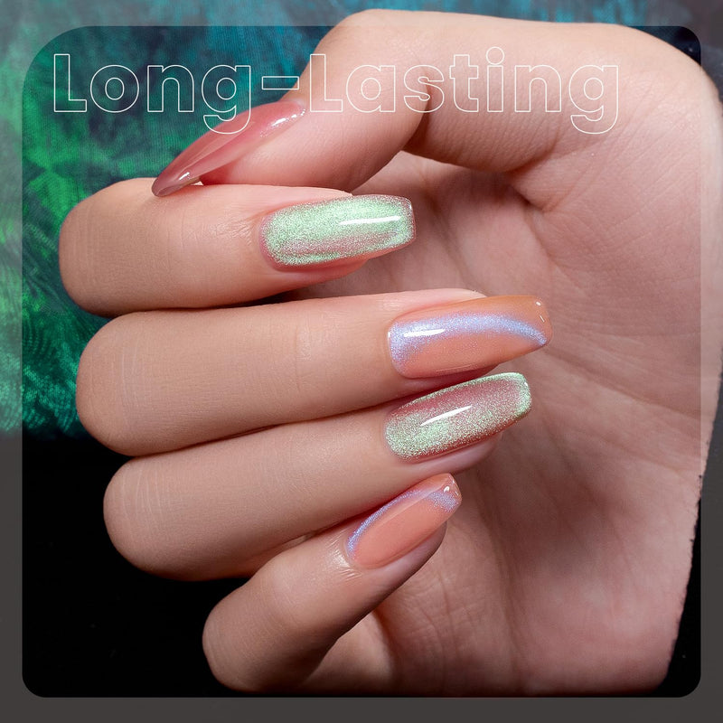 Long-lasting aurora cat eye gel polish on square nails showing iridescent shimmer in green blue pink gold colors

