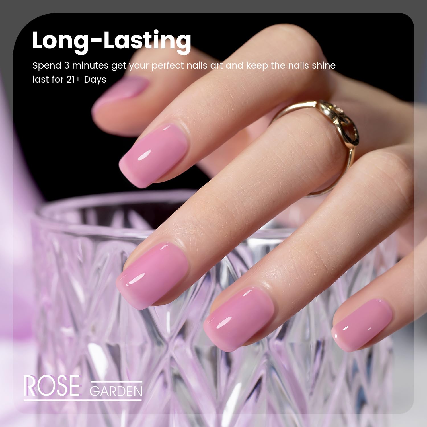Long-lasting 21+ days rose garden amber jelly gel polish on square nails showing gradient from baby pink to deep wine
