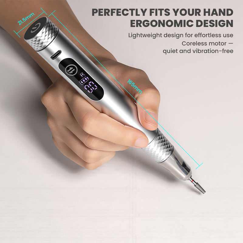 Professional cordless nail drill 35000 RPM ergonomic design 21.5mm diameter 135mm length lightweight aluminum body
