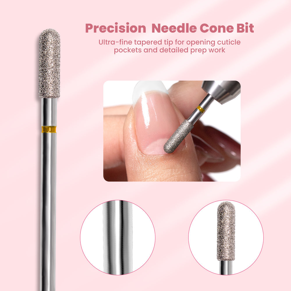 Precision Needle Cone Bit ultra-fine tapered tip opening cuticle pockets detailed prep work professional manicure
