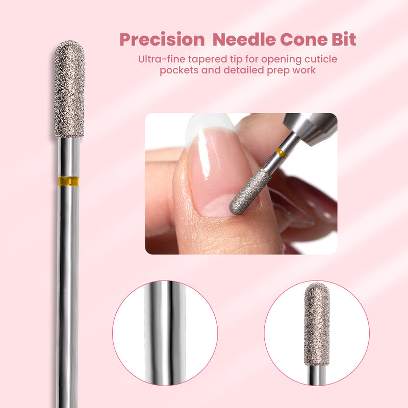 Precision Needle Cone Bit ultra-fine tapered tip opening cuticle pockets detailed prep work professional manicure
