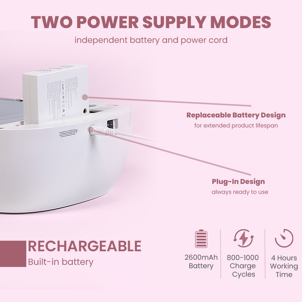 Two power supply modes independent battery power cord replaceable battery design plug-in design 2600mAh battery 800-1000 charge cycles 4 hours working time

