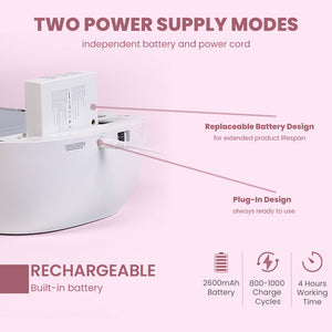 Two power supply modes independent battery power cord replaceable battery design plug-in design 2600mAh battery 800-1000 charge cycles 4 hours working time
