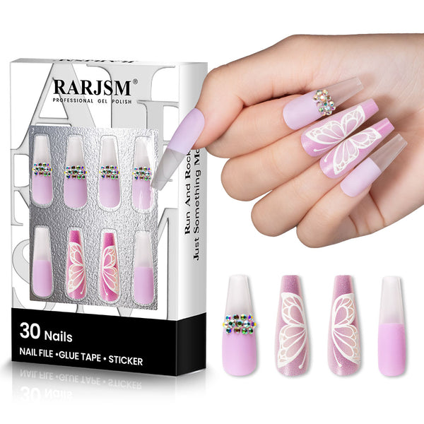 Sparkle Butterfly-Long Coffin Press On Nails in 15 Sizes-30Pcs