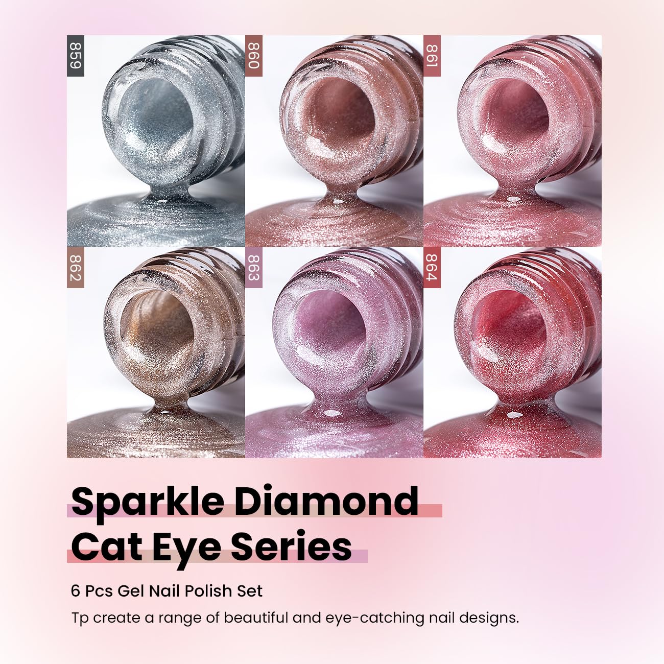 6-piece sparkle diamond cat eye gel polish set colors 859-864 showing silver pink nude rose gold shades in 8ml bottles
