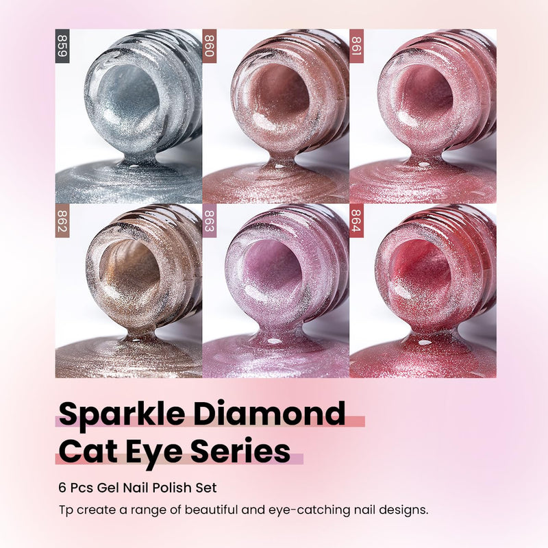 6-piece sparkle diamond cat eye gel polish set colors 859-864 showing silver pink nude rose gold shades in 8ml bottles
