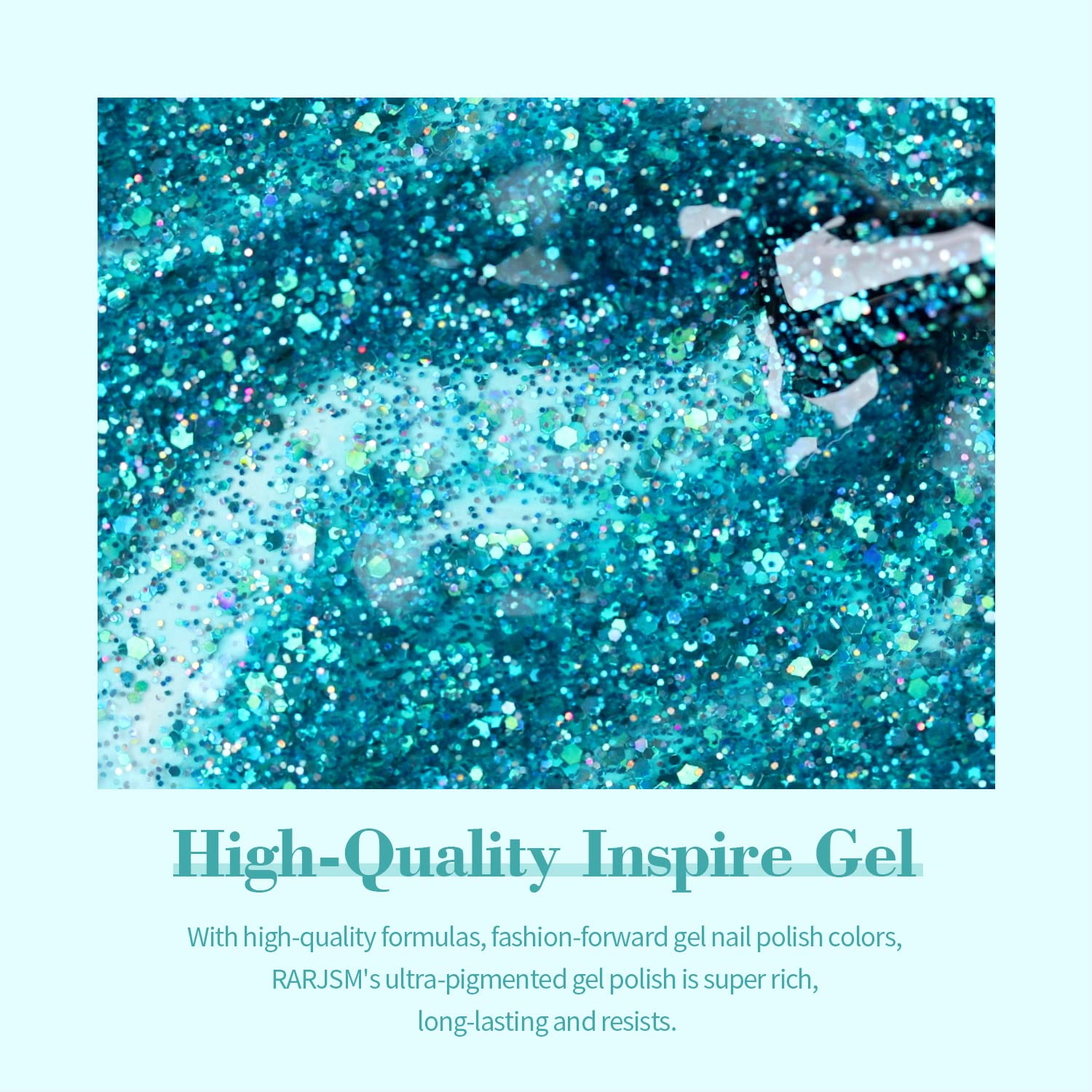 Close-up Ocean Sparkle glitter texture multi-dimensional iridescent particles in turquoise jelly base
