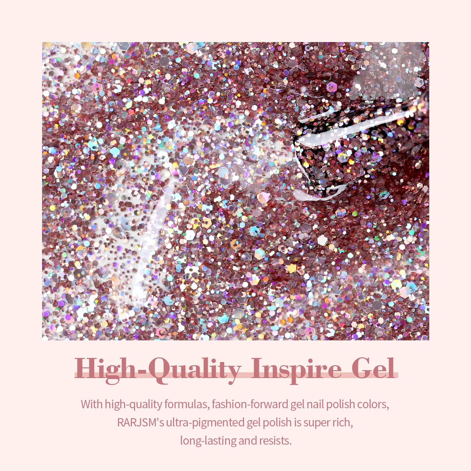 Rose gold glitter gel polish texture with iridescent holographic sparkles high-quality inspire gel close-up
