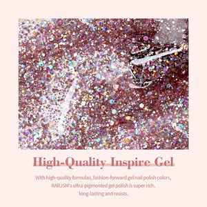 Rose gold glitter gel polish texture with iridescent holographic sparkles high-quality inspire gel close-up
