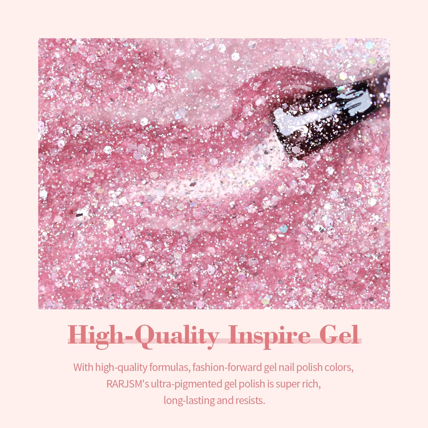 Pink glitter gel polish texture with iridescent holographic sparkles high-quality inspire gel close-up

