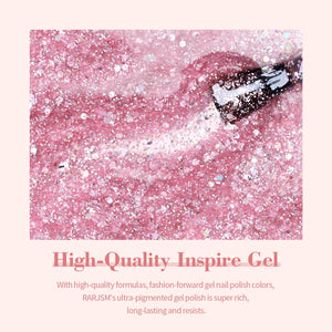 Pink glitter gel polish texture with iridescent holographic sparkles high-quality inspire gel close-up

