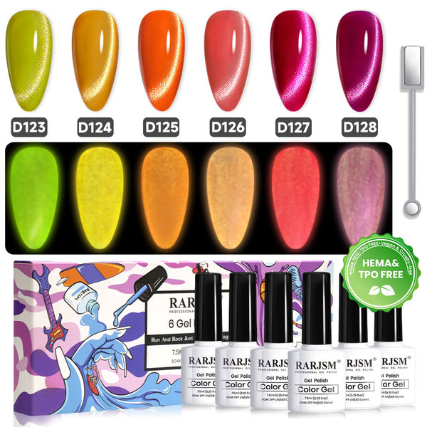 RARJSM Neon Glow-in-the-Dark Cat Eye Gel 6 Colors Set 7.5ml – Halloween Edition
