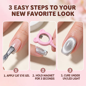RARJSM bear ring cat eye magnet cat eye nail art result – silver shimmer ring cat eye effect on square nails