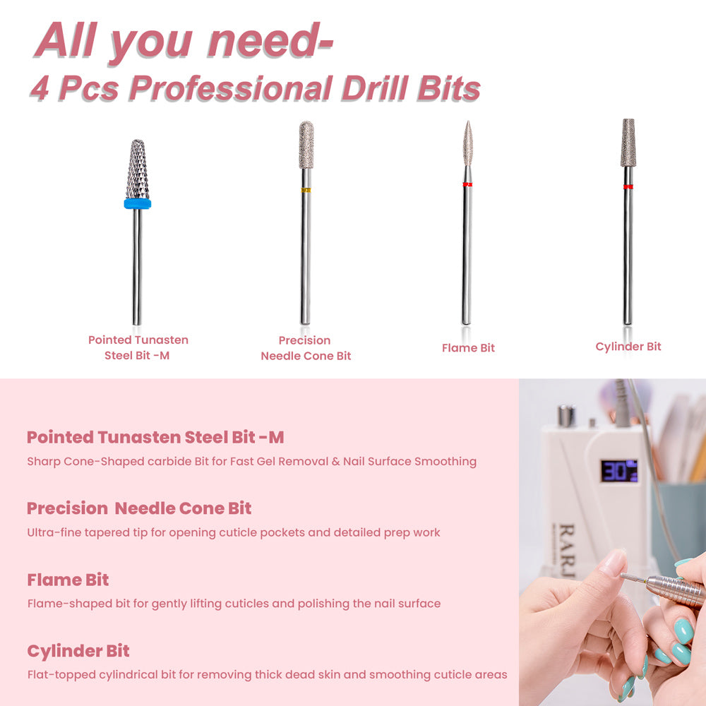 4 drill bits functions pointed bit flame bit cylinder bit needle bit gel removal cuticle prep surface smoothing
