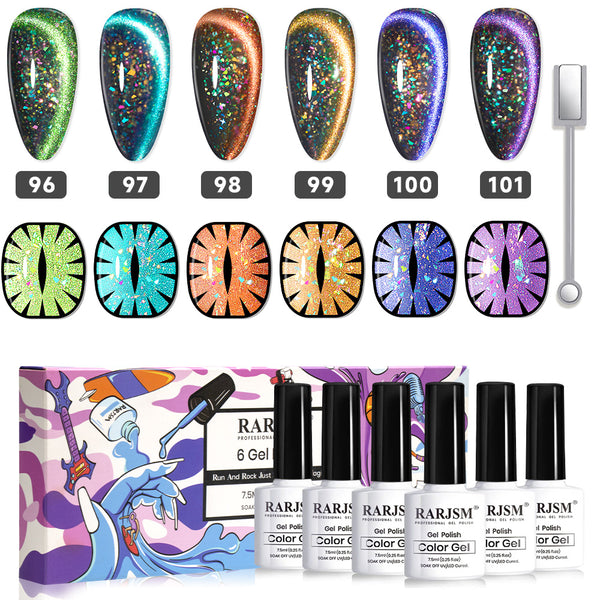 Set di smalti gel per unghie olografici Rainbow Galaxy Cat Eye 2 IN 1, 6 colori, 7,5 ml