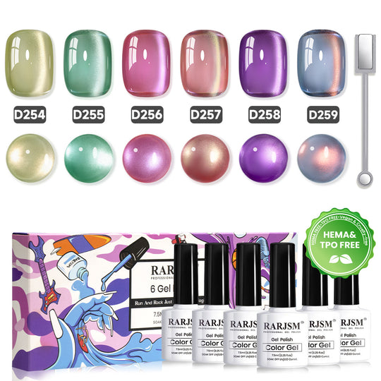 Like Dragon Fruit cat eye gel polish swatches 6 colors D254-D259 kiwi mint pink peach lavender blue soft pearl shimmer pastel
