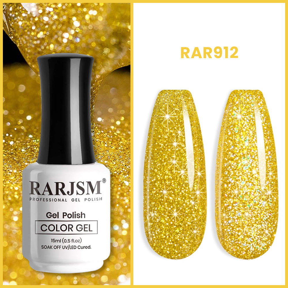 RAR912 glittering golden reflective glitter gel polish 15ml HEMA TPO free luxurious golden diamond sparkle dual light effect

