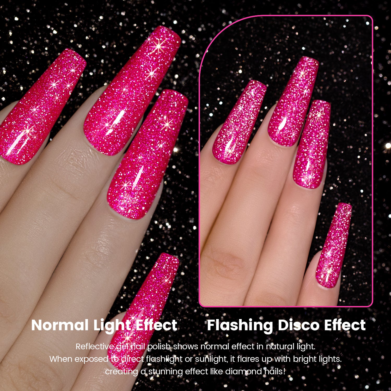 Normal light effect vs flashing disco effect reflective gel polish natural light flashlight sunlight diamond sparkle comparison
