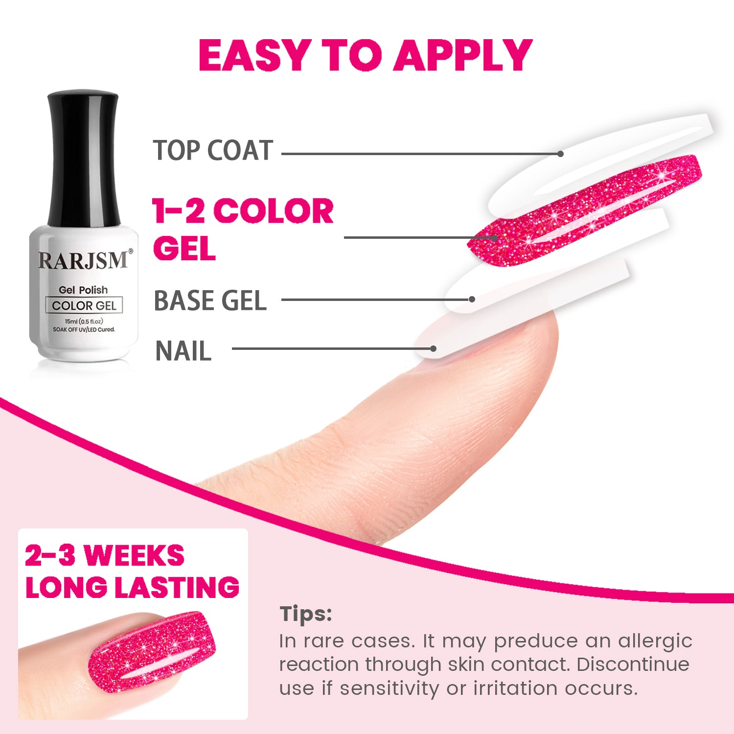 Easy to apply top coat 1-2 color gel base gel nail 2-3 weeks long-lasting tutorial tips allergic reaction sensitivity
