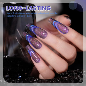 9D chameleon cat eye gel polish on long nails multi-dimensional color shifting magnetic shimmer cosmic glow
