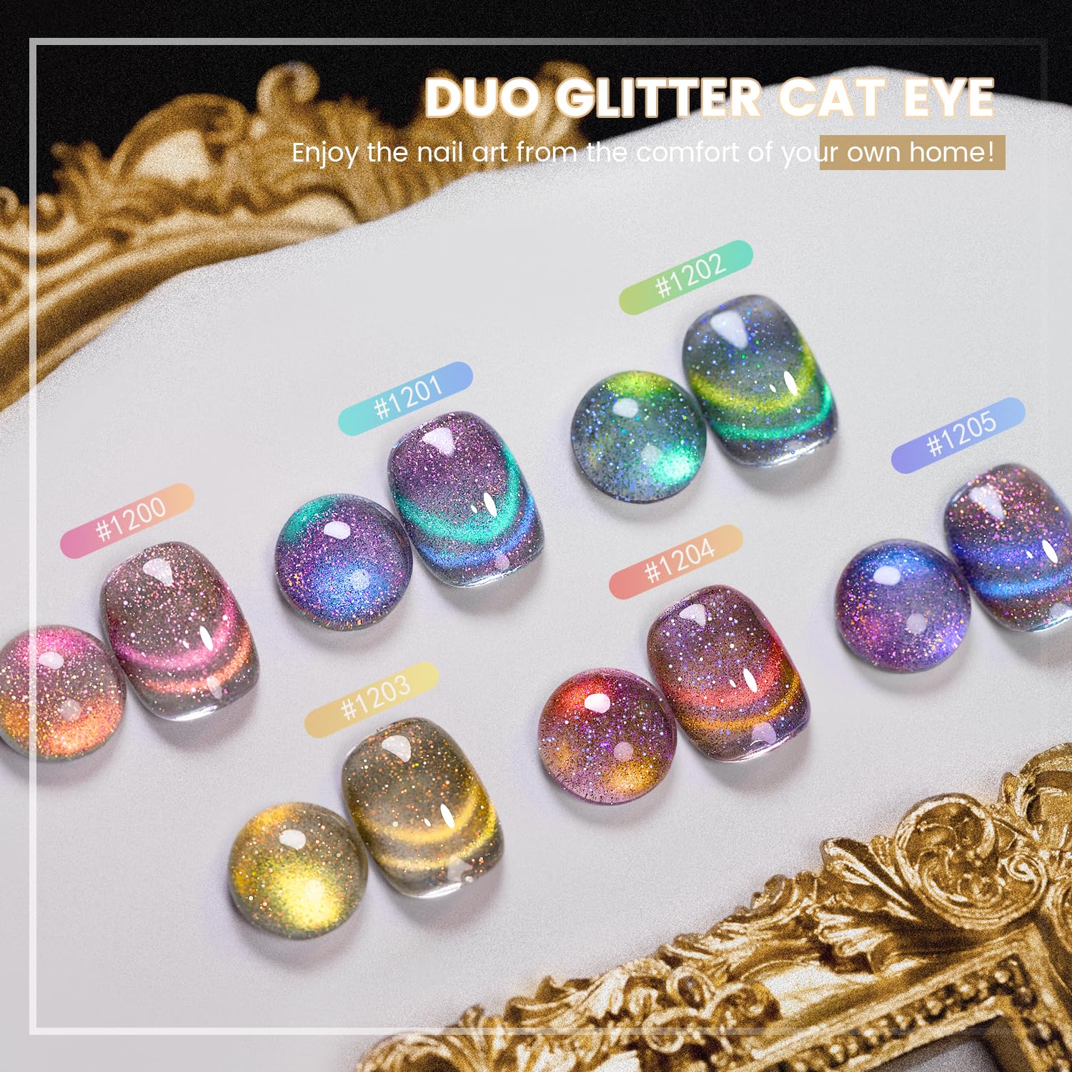 Duo glitter cat eye 6 colors swatches 1200-1206 pink purple green yellow brown blue chameleon color shifting holographic
