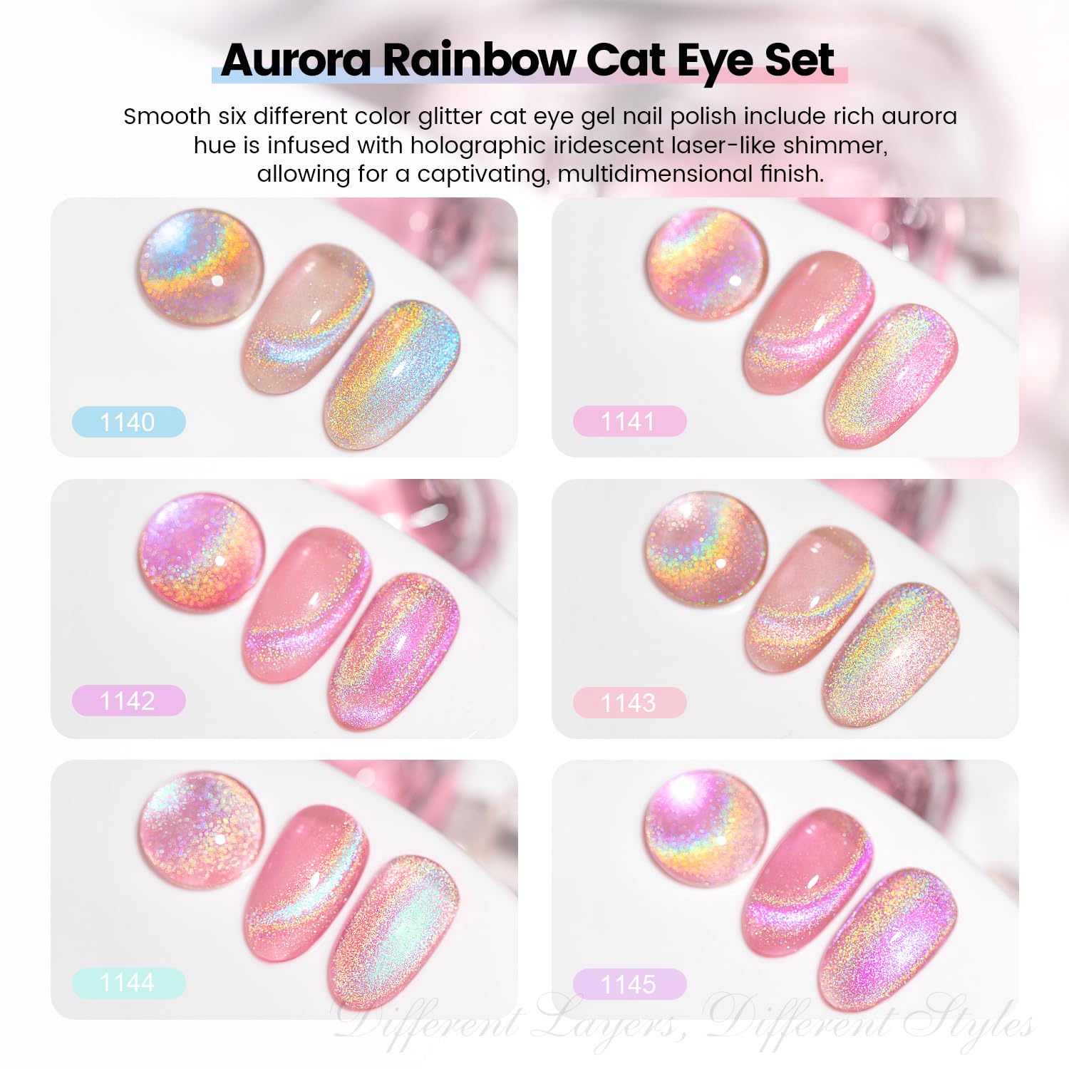 Aurora Rainbow 6 colors swatches 1140-1145 blue pink purple rose teal violet jelly holographic glitter cat eye
