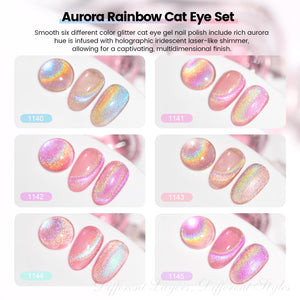 Aurora Rainbow 6 colors swatches 1140-1145 blue pink purple rose teal violet jelly holographic glitter cat eye
