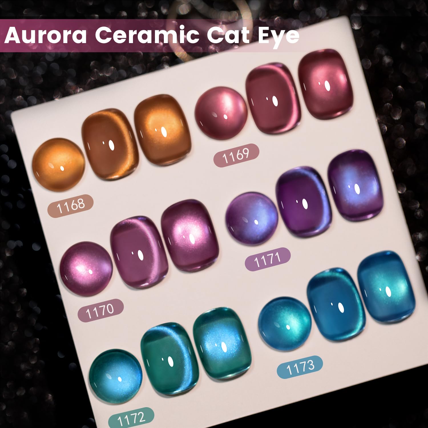 Aurora Ceramic 6 colors swatches 1168-1173 gold rose mauve blue purple teal turquoise ceramic shimmer cat eye
