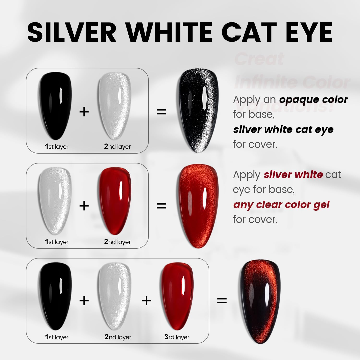 Silver white cat eye topper application tutorial opaque color base clear gel cover layering effects black red versatile overlay
