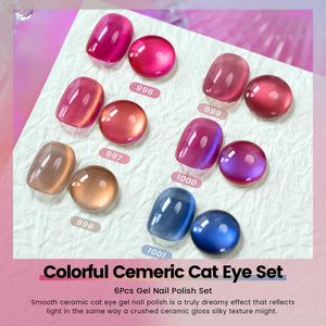Moonlight ceramic cat eye set detailed swatches showing 6 gel polish colors 996-1001 with smooth ceramic gloss silky texture and magnetic effect
